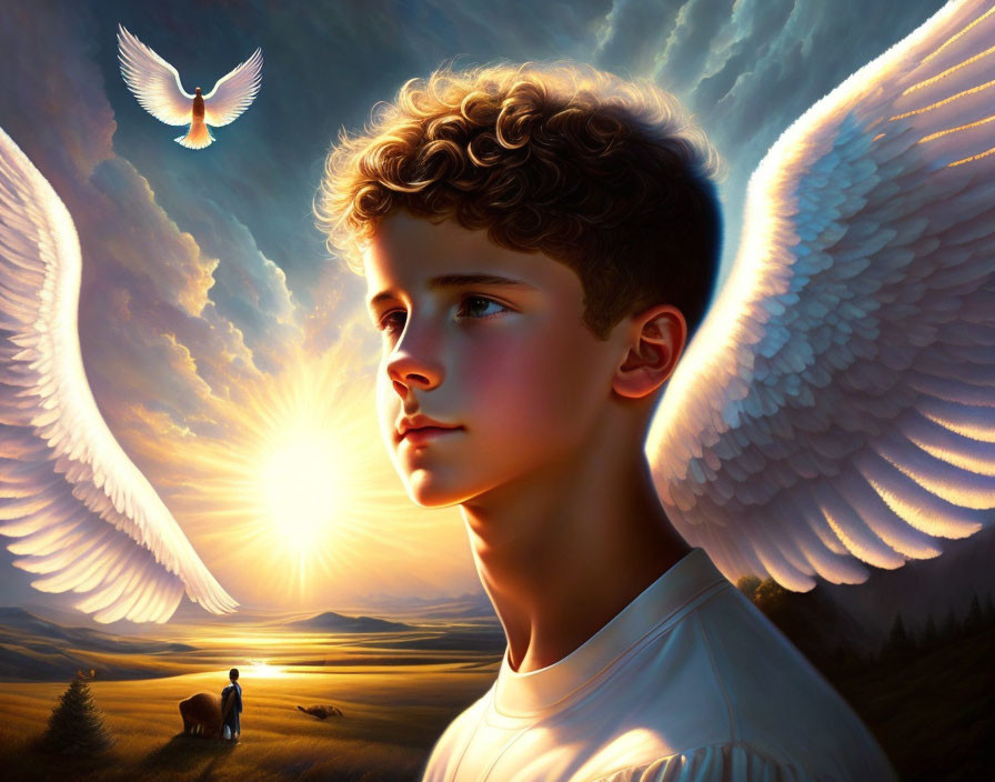 Young person with angel wings in contemplation under warm sunlight, with dove and pastoral landscape.