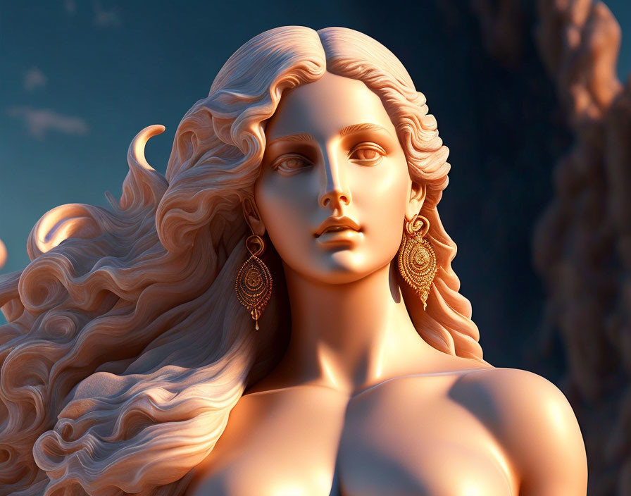 Classical female statue 3D rendering with flowing hair and ornate earrings