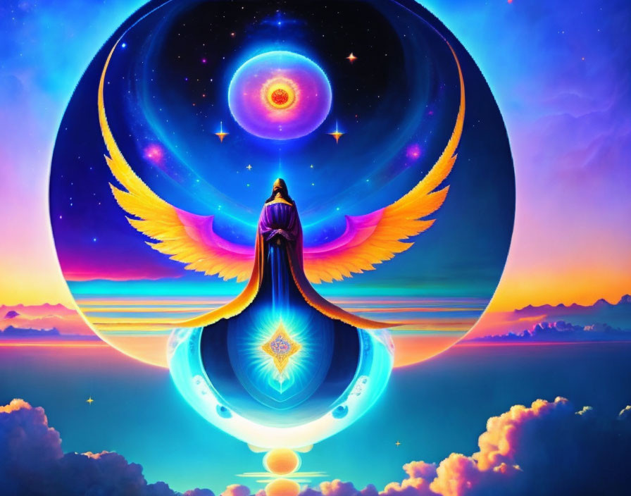 Colorful digital artwork: figure with wings, cosmic backdrop, celestial bodies, reflection on water