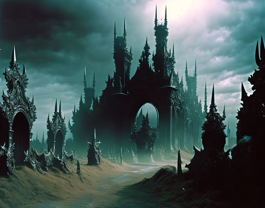 Mystical Gothic landscape with dark spired structures and arched gateway