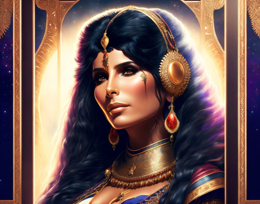 Regal woman with long dark hair in gold jewelry against starry backdrop