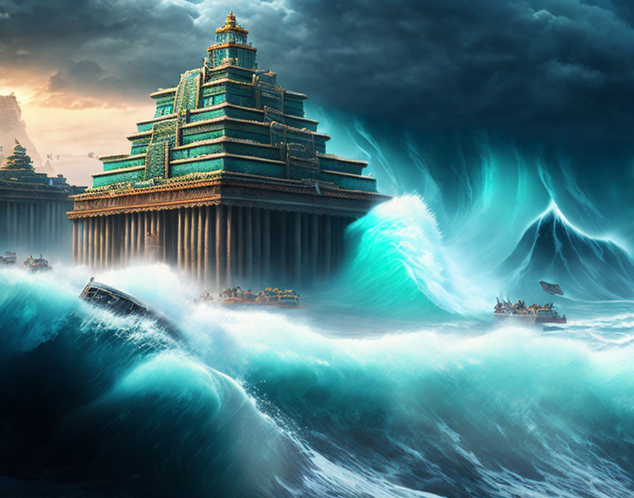 Majestic ancient temple in stormy ocean scene