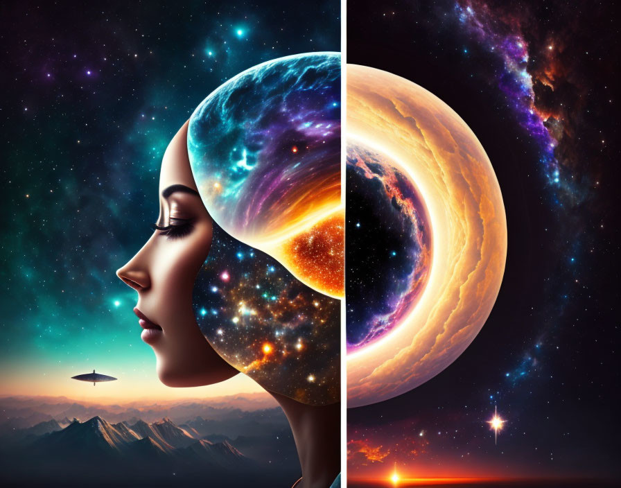 Digital artwork: Woman's profile merges with cosmic elements - planet, stars, vibrant galaxy.