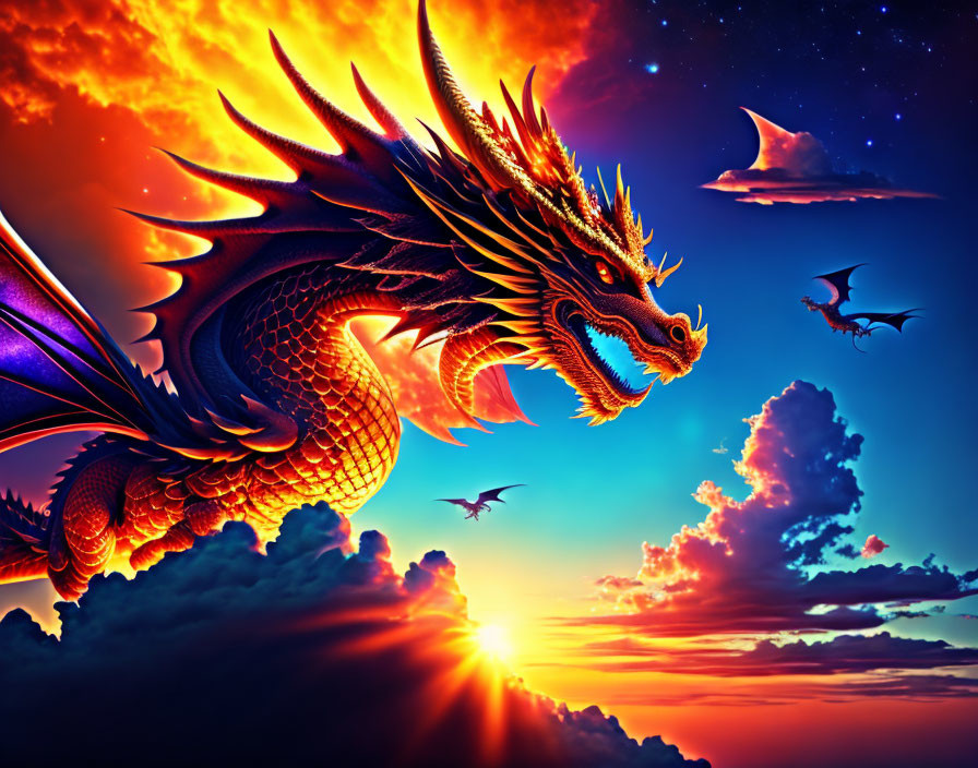 Majestic dragon flying in vibrant sunset sky