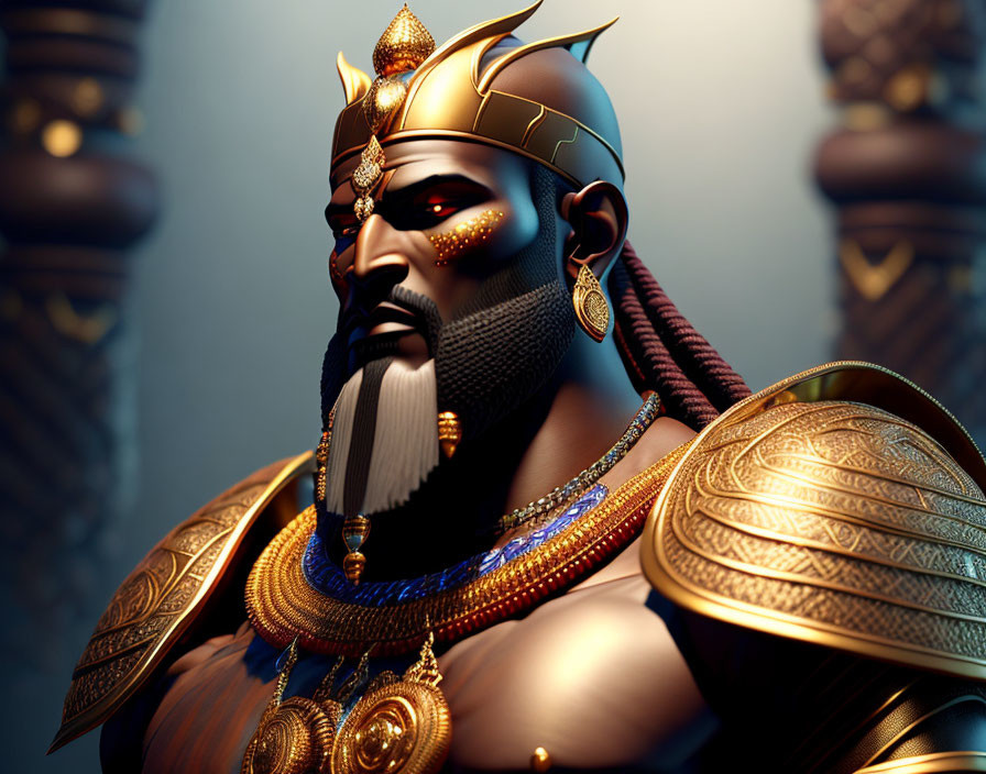 Regal Figure in Gold Crown and Armor on Dark Background