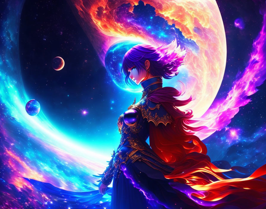 Colorful figure in royal attire against cosmic backdrop with nebula, planets, and moon