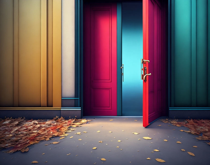 Colorful Doors and Autumn Leaves Fill Vibrant Corridor