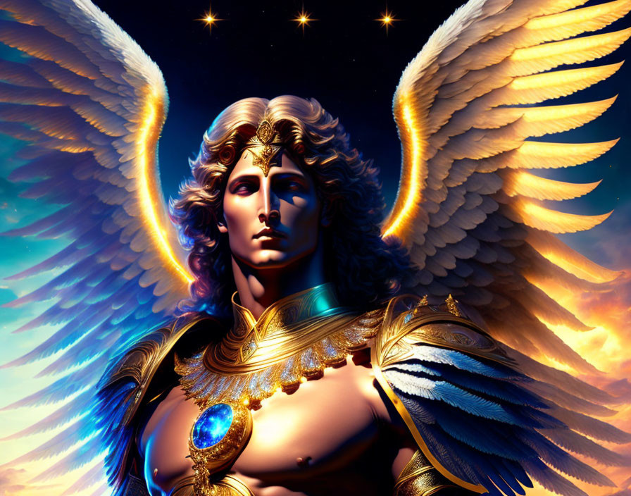 Golden-armored angel with white wings in starry sky.