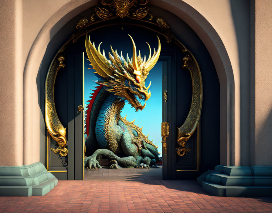 Golden dragon emerges from ornate doorway under blue sky