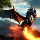 Black Dragon with Expansive Wings on Rocky Cliff at Sunset