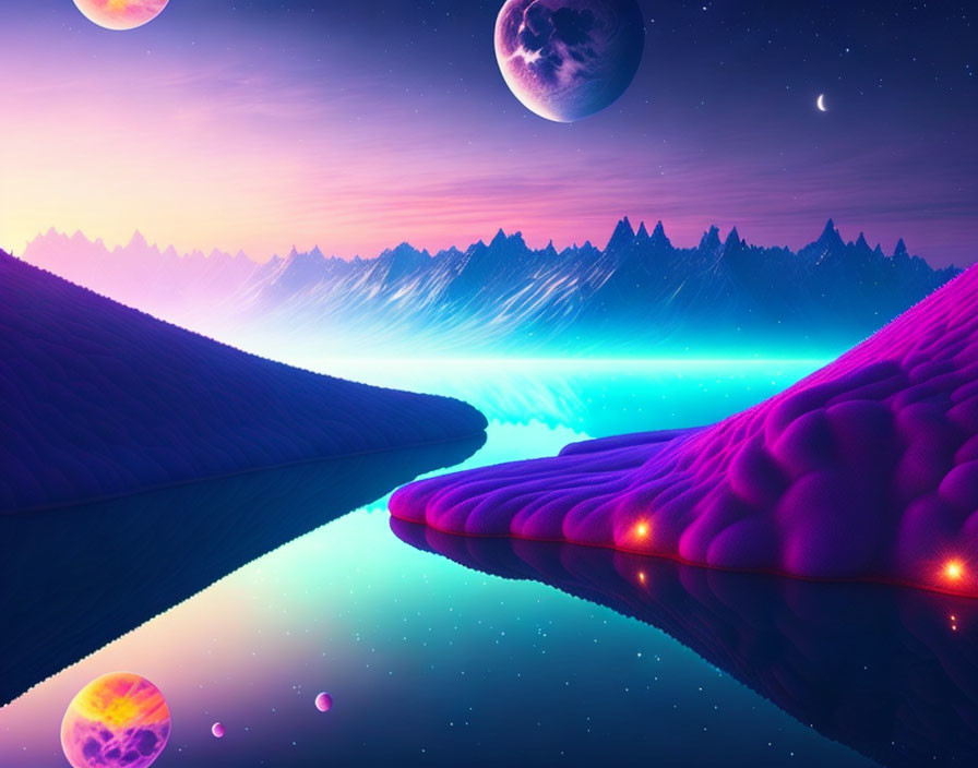 Alien landscape digital artwork with neon lakes and purple terrain