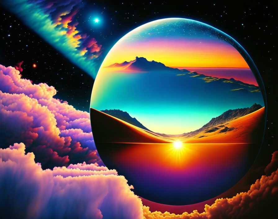 Colorful surreal landscape art with mountains, sunset, and cosmic elements