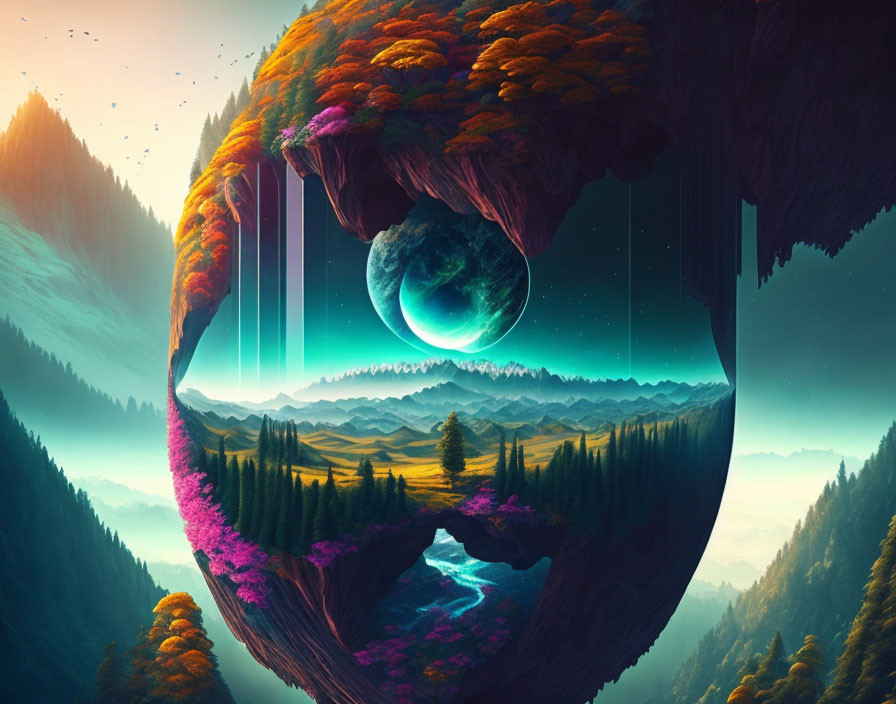 Surreal landscape: floating islands, waterfalls, pine forests, large moon, vibrant colors