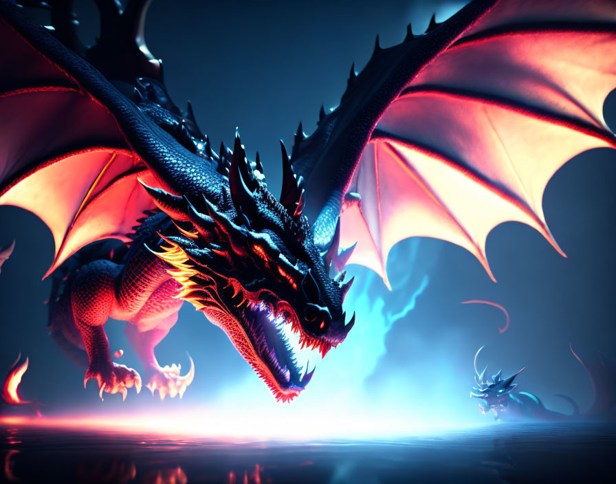 Black dragon breathing fire in dramatic blue-tinted scene