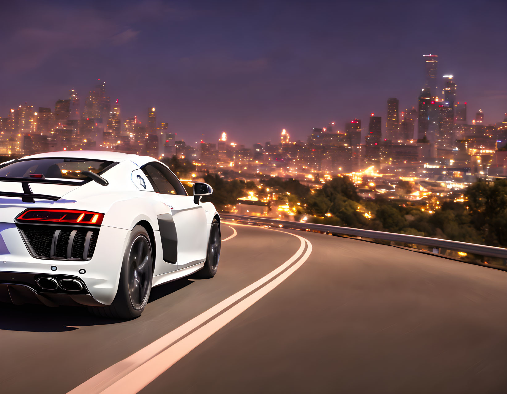 White Sports Car Drives on Highway with Blurry City Skyline at Dusk