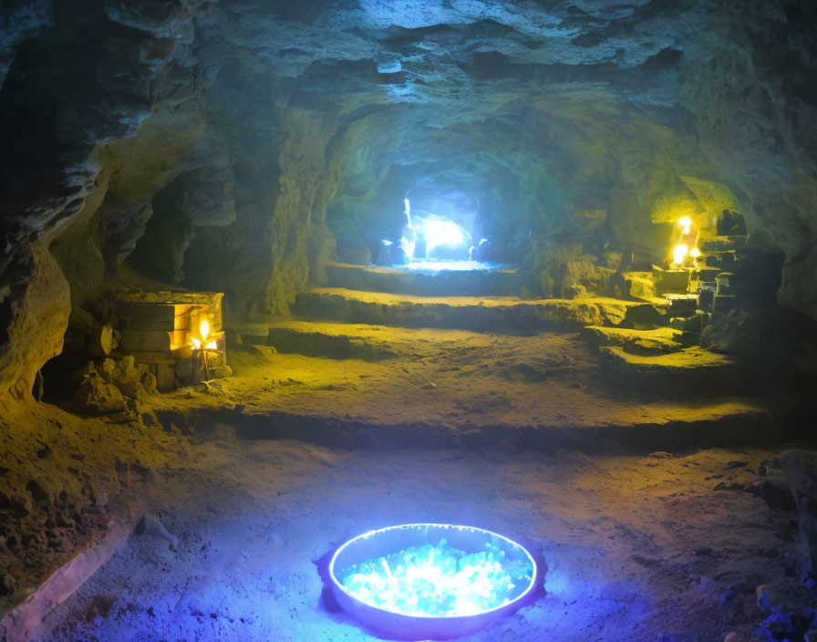 Mystical underground cave with blue light and glowing pool