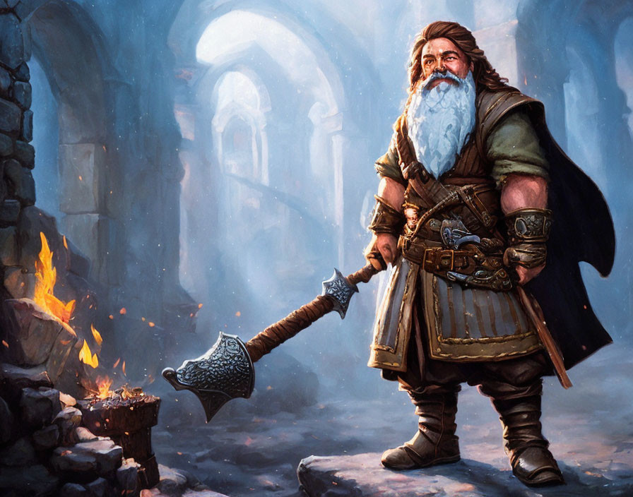 Bearded dwarf in armor with axe by forge in medieval stone setting