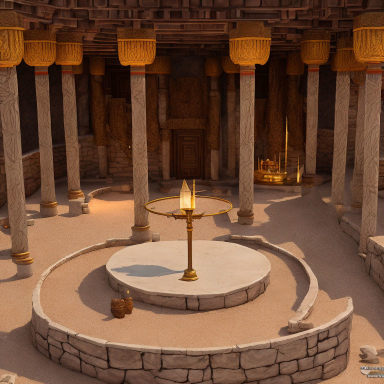 Ancient Temple Interior with Stone Columns and Golden Altar