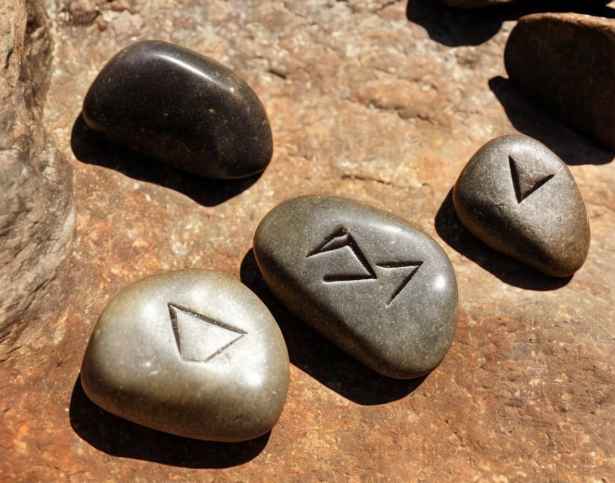 Dark stones with white runic symbols on textured brown surface