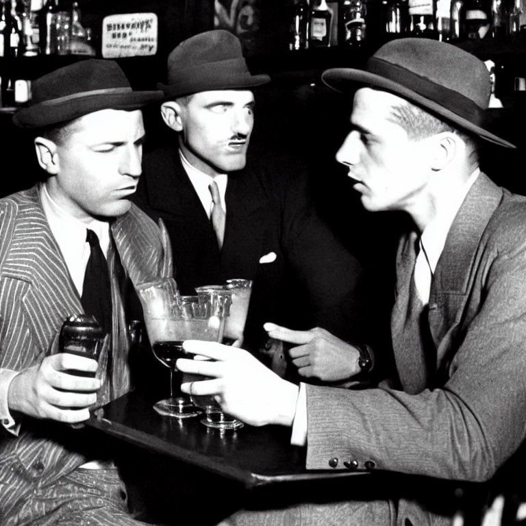 Vintage Attired Men Sitting at Bar with Drinks and Hats