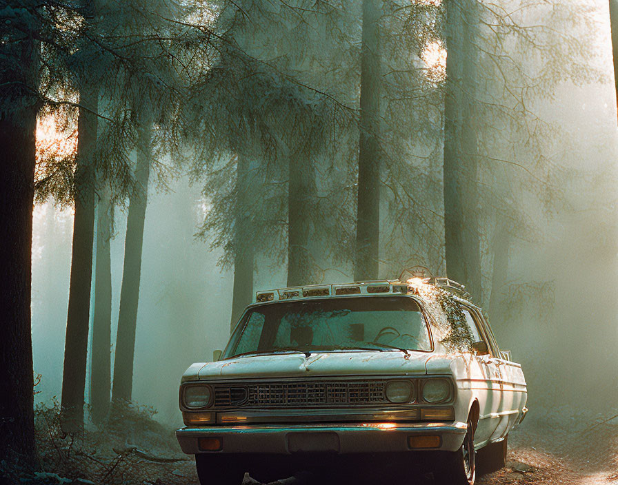 Vintage station wagon in misty forest with sun rays.