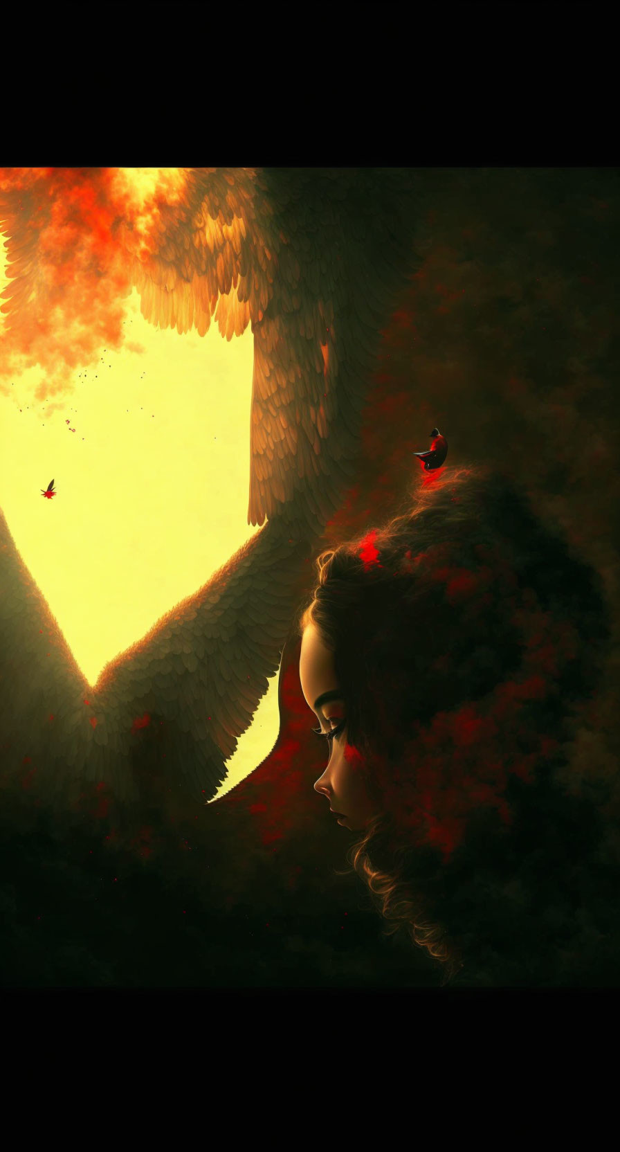 Dark-haired woman with fiery wing surrounded by birds in mystical sunset.