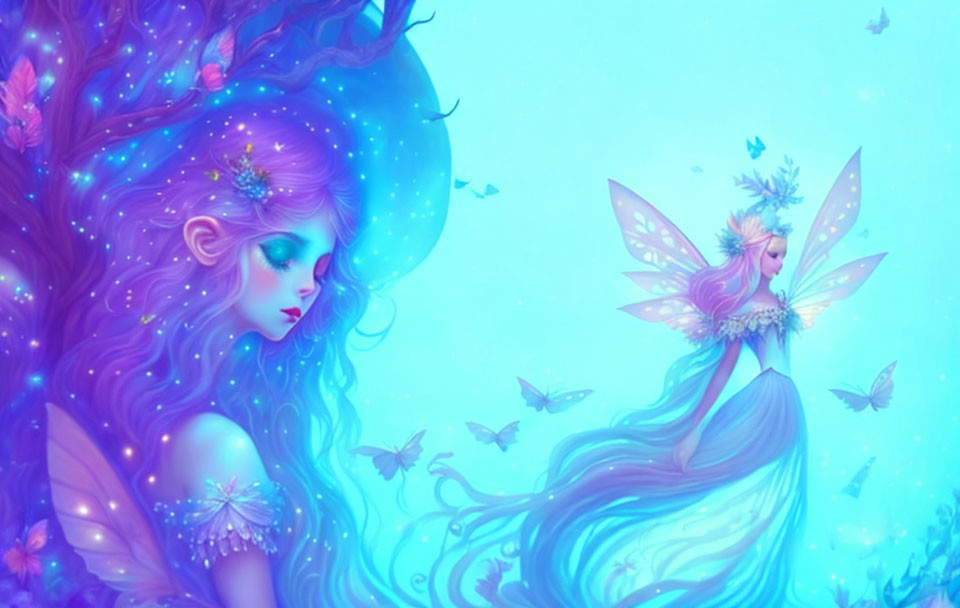 Fantasy illustration of fairy with iridescent wings among butterflies in enchanted forest