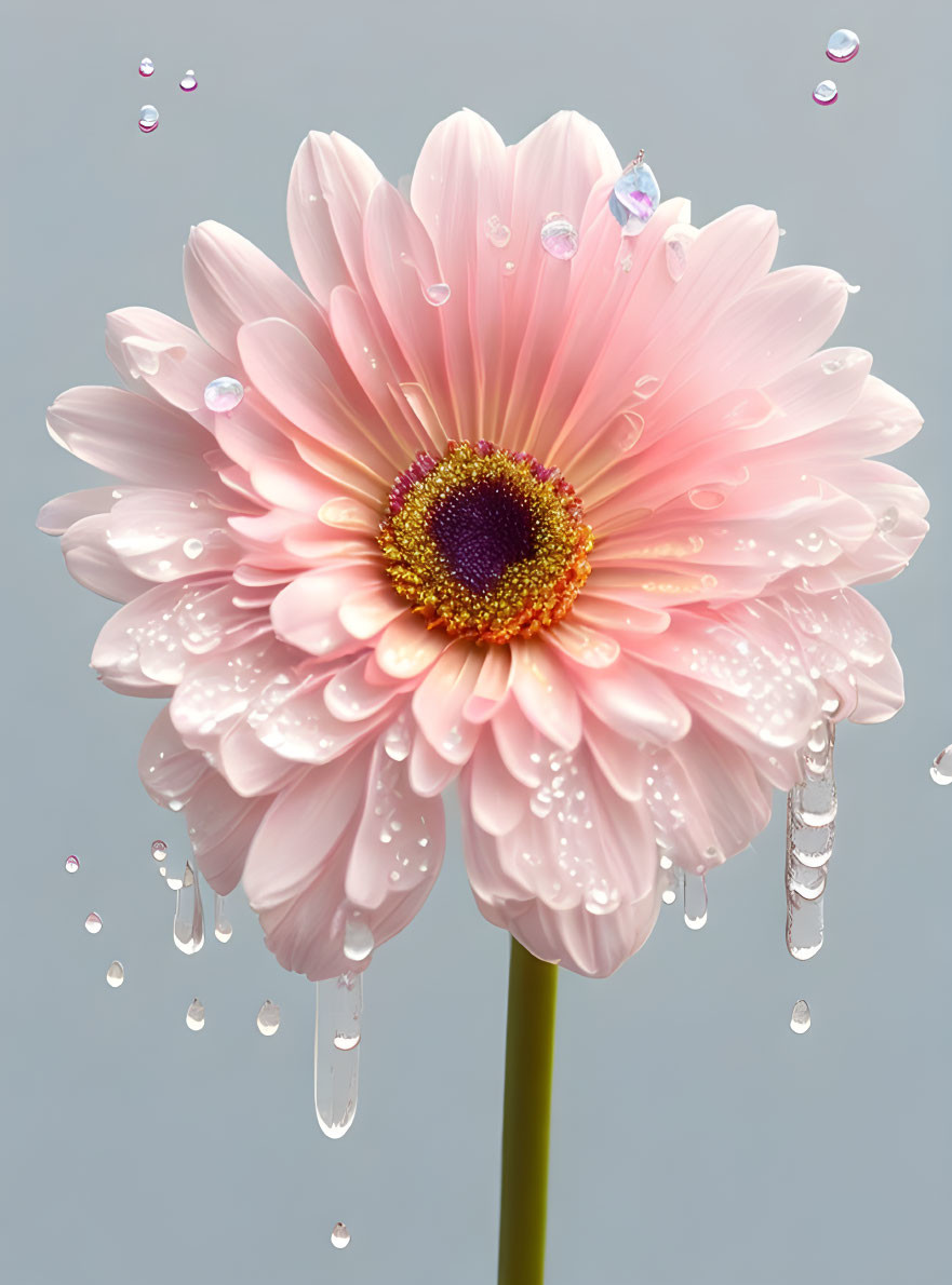 Pink Gerbera Daisy with Water Droplets on Petals Against Grey Background