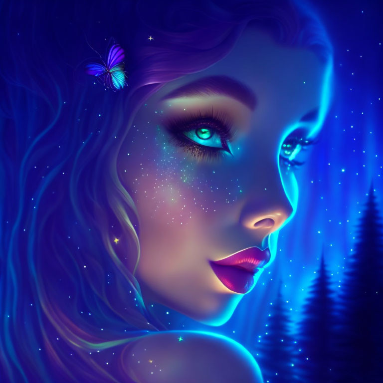 Digital portrait of woman with neon blue skin and starry details, glowing eyes, and butterfly in hair