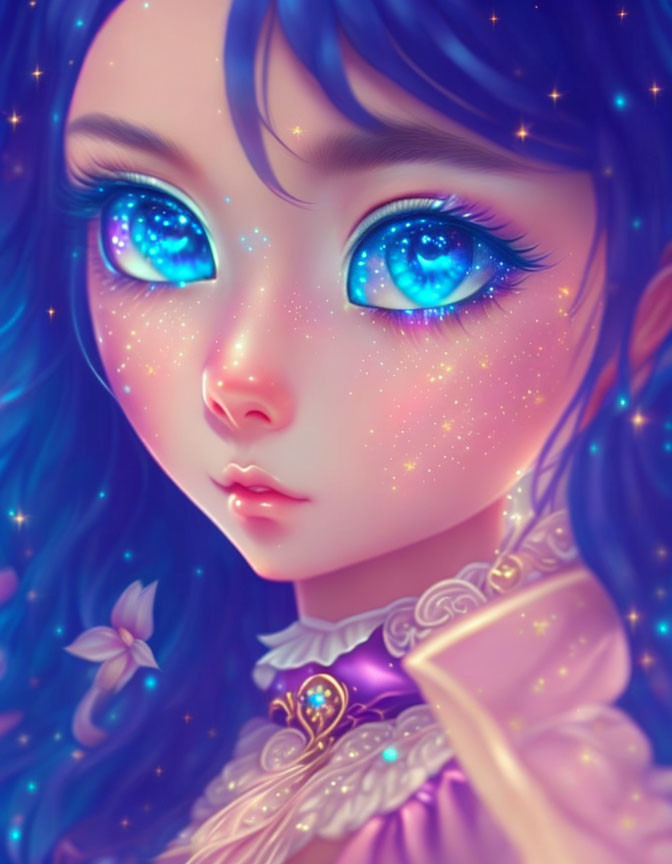 Digital artwork: Girl with starry blue eyes, long wavy hair, celestial motifs, purple outfit