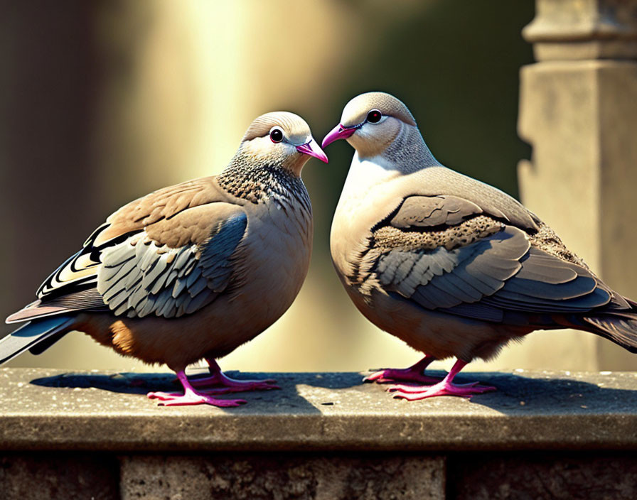 Two pigeons with pink feet standing on a ledge, one nuzzling the other's beak