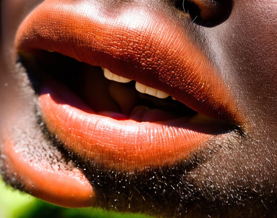 Detailed Close-Up of Sunlit Lips and Teeth Showing Texture