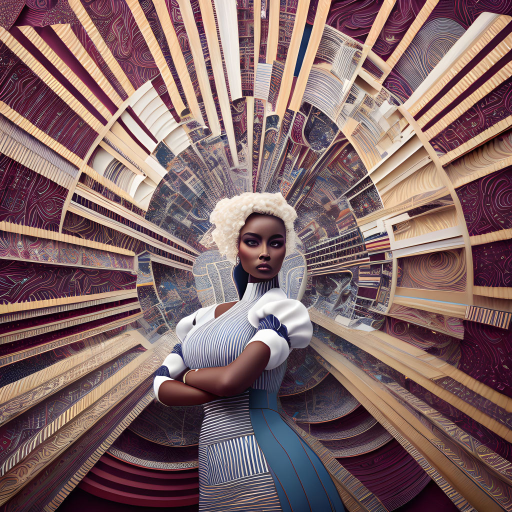 Digital art portrait of woman with striking eyes and curly white hair in futuristic dress against abstract geometric background