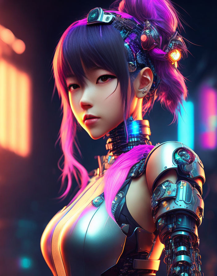 Cybernetic girl with blue-purple hair and mechanical parts in neon-lit setting