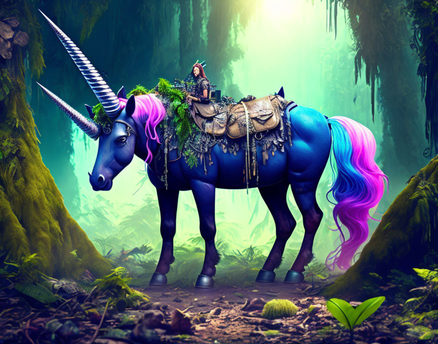 Colorful unicorn with fairy rider in magical forest