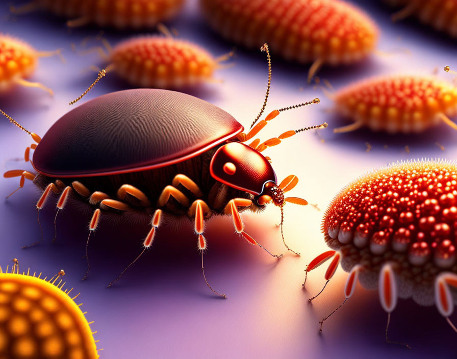 Detailed Close-Up of Glossy Red Beetle Among Orange Spheres on Purple Background