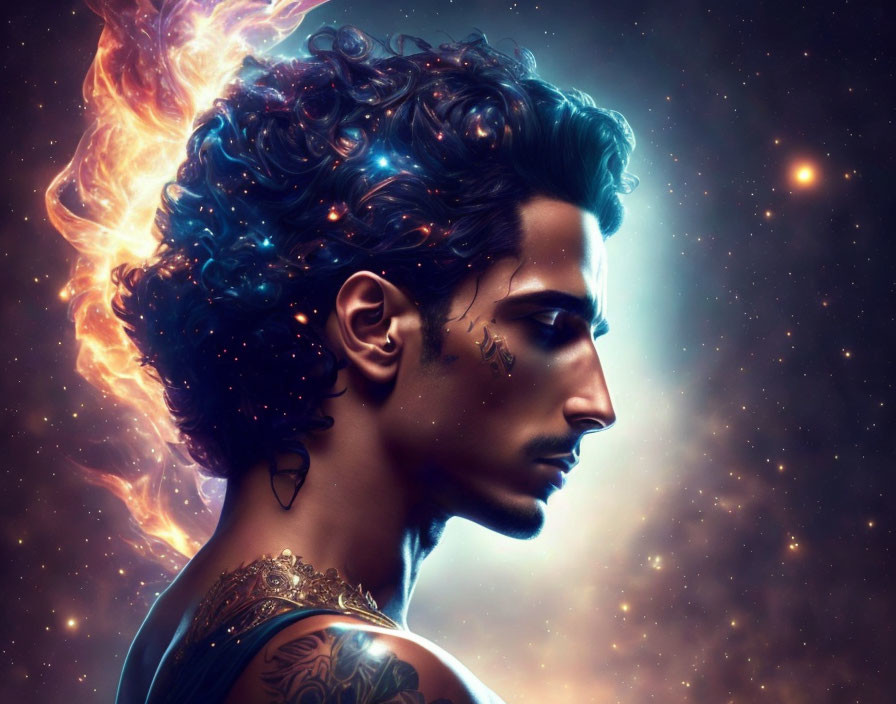 Digital Art Portrait: Fiery-Haired Man with Cosmos Background