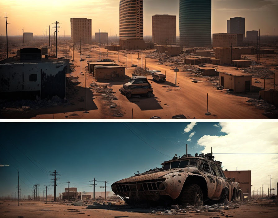 Deserted buildings and abandoned vehicles in dystopian scene