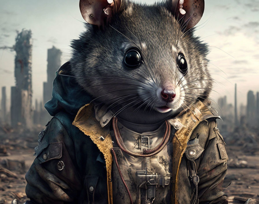 Anthropomorphic mouse in rugged outfit against dystopian backdrop