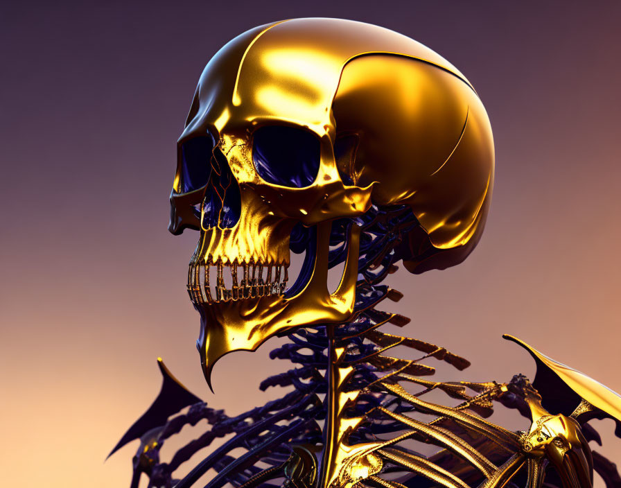 Golden skeletal figure on warm-toned backdrop: Surreal artistic vibe