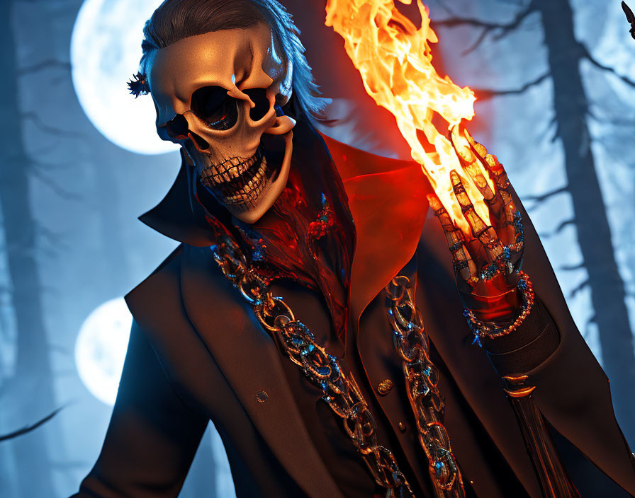 Skeleton in Cloak with Flaming Torch in Forest at Full Moon