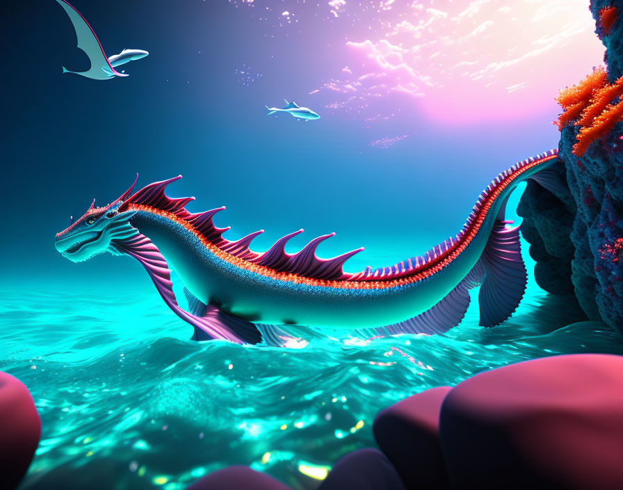 Colorful sea serpent with fins and horns in vibrant underwater scene