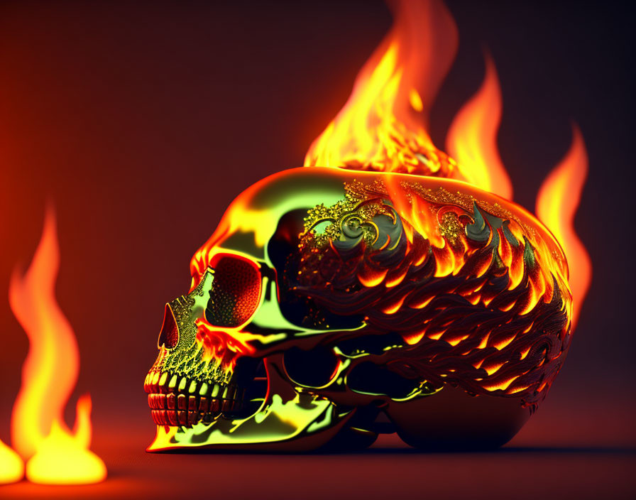 Flaming skull with ornate carvings on dark backdrop