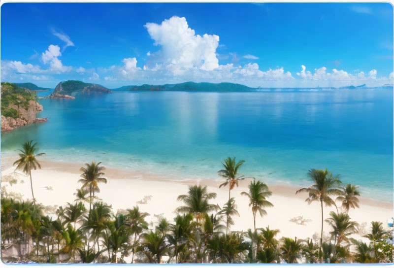 Tropical Beach Scene with White Sand, Palm Trees, Blue Water, and Mountains