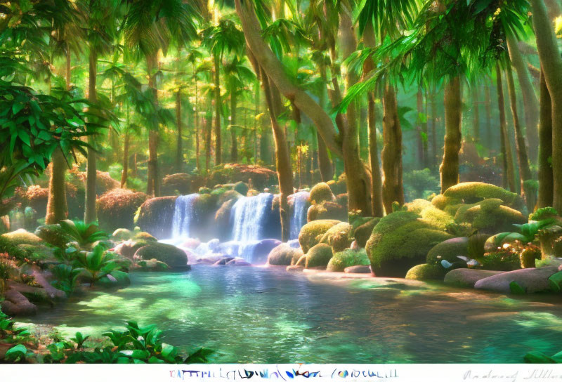 Tranquil Tropical Waterfall with Blue Pool and Lush Greenery