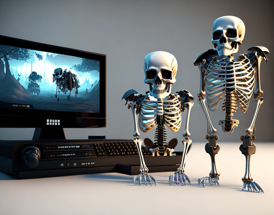 Skeletons Playing Video Game with Monitor and Controllers