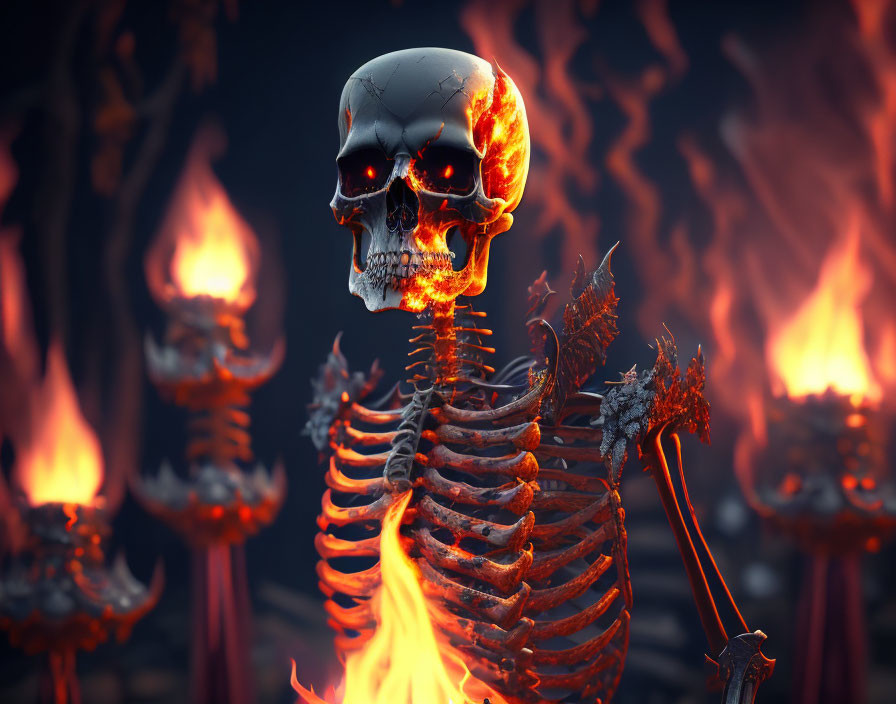 Eerie skeletal figures in fiery landscape with prominent skull.