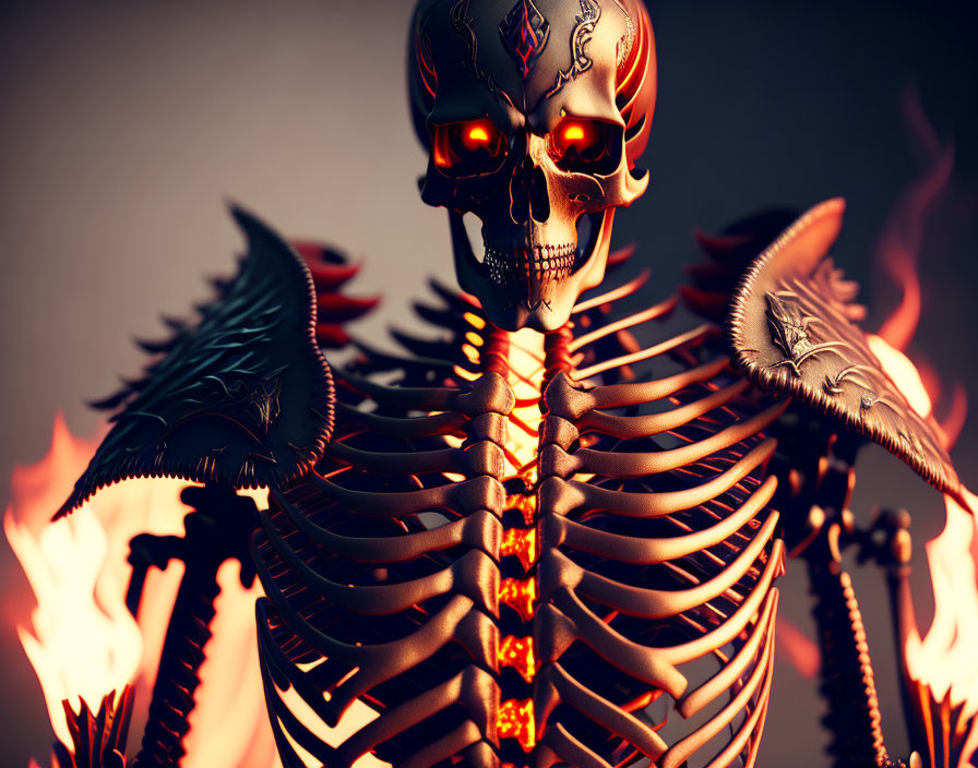 Digital artwork of skeletal figure with glowing eyes on fiery backdrop