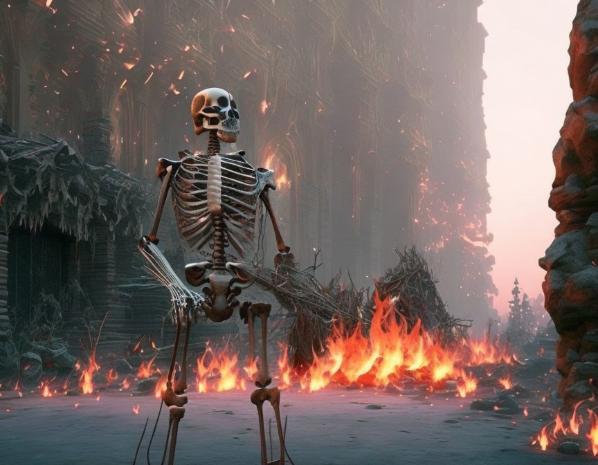 Human skeleton in flames in gothic ruin with high arches