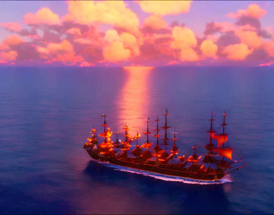 Majestic sailing ship illuminated by lanterns on tranquil ocean under vibrant sunset sky